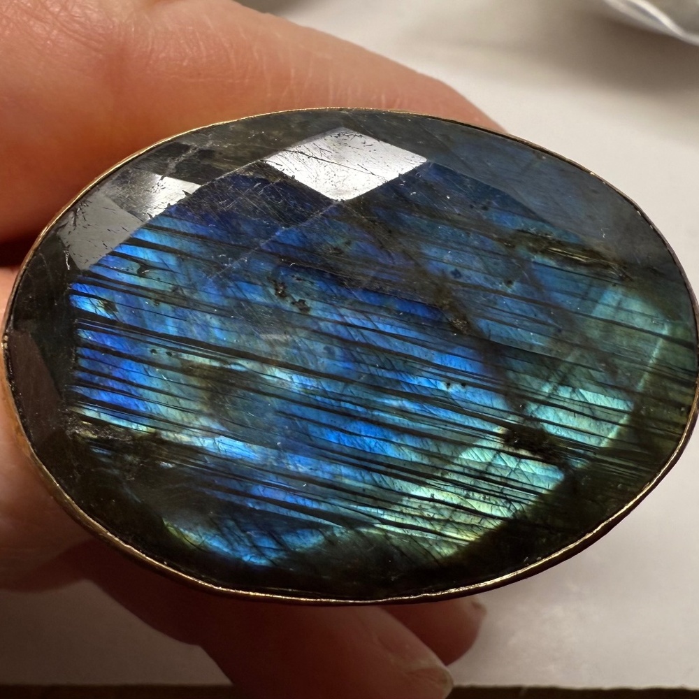 Huge faceted labradorite estate signed A J adjustable gilded sterling silver
